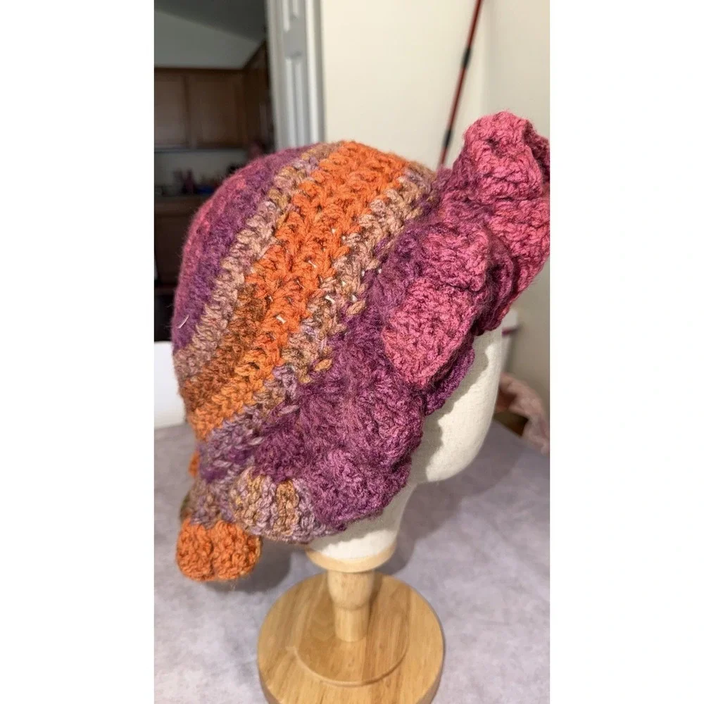 Handmade Crochet Ruffle Cloche Hat Boho Autumn Fairy Festival Beanie